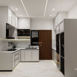 Minimalistic Kitchen & TV Unit Design – 3D Modern Interiors | CozyCraft Homes